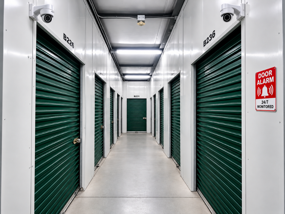 Featuring indoor storage units for small moves - image shows 24/7 security video monitoring and individually alarmed storage units